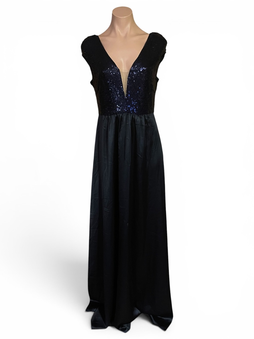 Miss Ord Dress Womens XL Blue Sequin Prom Gown Evening Formal Maxi V Neck NWT